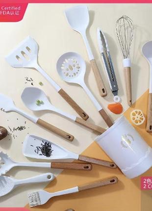 Набор кухонных принадлежностей на подставке 12 штук кухонные аксессуары силиконовые с деревянной ручкой1 фото