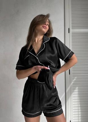 Женская нежная шелковая пижама, шелк армани, черный,белый, малина,электрик1 фото