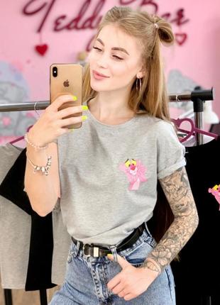 Сіра футболка з принтом pink panther