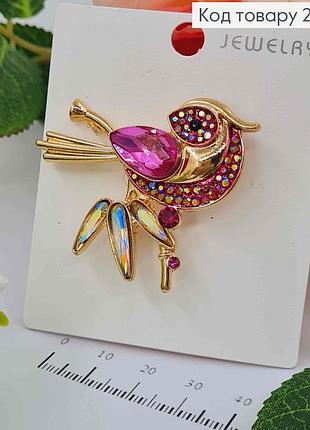 Брошь женская птица с камешками розового цвета 4,5*4,5см