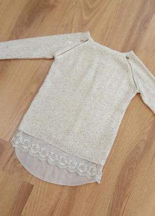 Бежево-молочный женский вязаный свитер с золотистыми пайетками9 фото