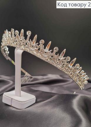 Тіара жіноча срібляста на голову, "crystal tiara" з білими камінцями діадема