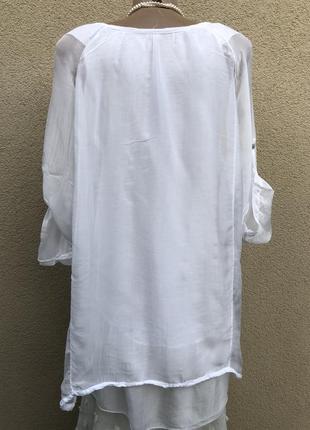 Белая,многослойная,шелковая блуза,туника с вышивкой8 фото