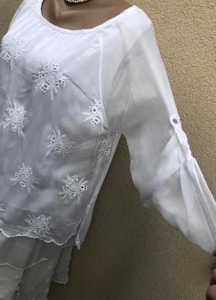 Белая,многослойная,шелковая блуза,туника с вышивкой3 фото