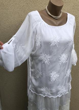 Белая,многослойная,шелковая блуза,туника с вышивкой7 фото