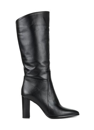 Сапоги женские зимние черные кожаные на толстом среднем устойчивом каблуке,с острим носком  1173цп