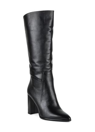 Сапоги женские зимние черные кожаные на толстом среднем устойчивом каблуке,с острим носком  1173цп2 фото