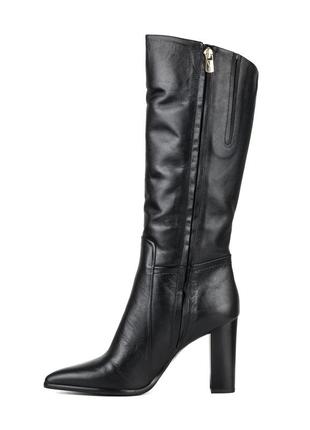 Сапоги женские зимние черные кожаные на толстом среднем устойчивом каблуке,с острим носком  1173цп4 фото