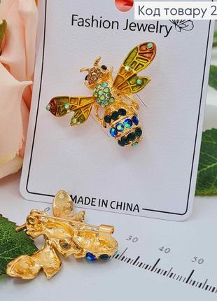 Брошь женская металл "пчелка", с цветными камнями зеленых оттенков, 4см