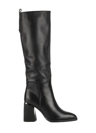 Сапоги женские черные кожаные на широком толстом каблуке, с острым носком, с мехом 1671ц1 фото