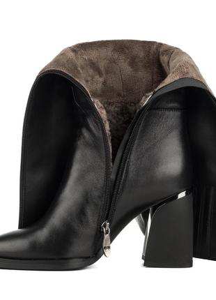 Сапоги женские черные кожаные на широком толстом каблуке, с острым носком, с мехом 1671ц5 фото