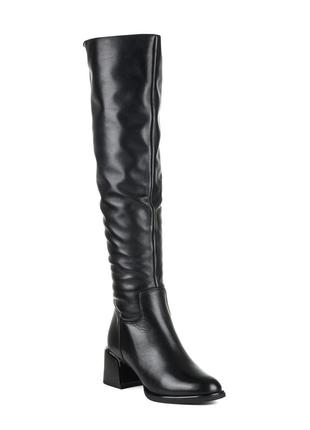 Ботфорты женские черные кожаные на высоком устойчивом каблуке,высокие сапоги,на меху 1668ц4 фото