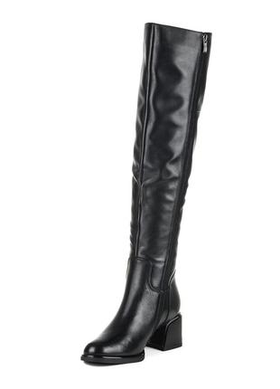 Ботфорты женские черные кожаные на высоком устойчивом каблуке,высокие сапоги,на меху 1668ц5 фото