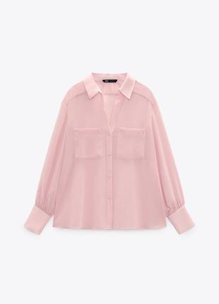 Zara полупрозрачная рубашка с накладными карманами8 фото