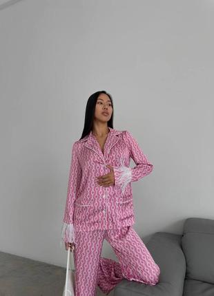 Сатиновый костюм в пижамном стиле рубашка и штаны9 фото