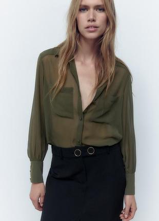 Полупрозрачная рубашка  zara с накладными карманами