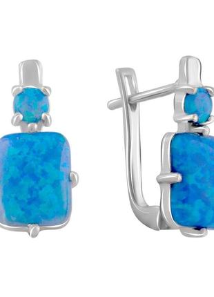 Яркие серебряные сережки с голубым опалом квадратные женские серьги из серебра с большим объемным камнем