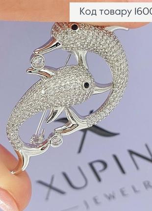 Брошка дельфіни з камінням 18k xuping, брендова брошка срібляста дельфін