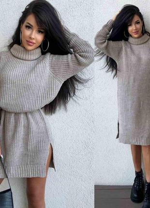 Теплое туника стело платье под горло вязаное теплое