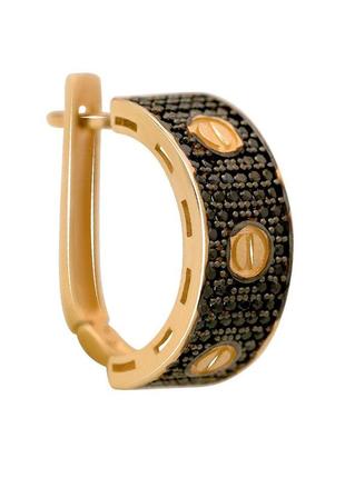 Золоті сережки напівкільця в стилі карт'є кульчики жіночі сережки з золота з фіанітами та чорними каменями1 фото