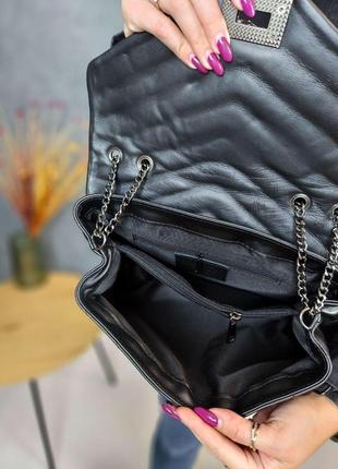 Чорна італійська жіноча сумка на плече, ділова сумка з ланцюжком з натуральної шкіри італія 🇮🇹9 фото