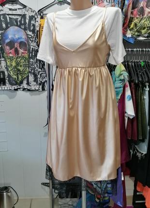 ⛔ сарафан з мереживом еко шкіра колір бронза і срібло без фуболки