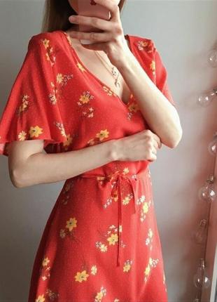 Вискозное алое платье в горошек и цветочный принт7 фото