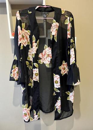 Чёрная накидка в цветочный принт прозрачная сеточка на купальник халат домашняя одежда кимоно парео new look2 фото