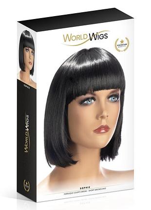 Французский парик черный темно коричневый брюнетка короткие прямые волосы каре с чубчиком