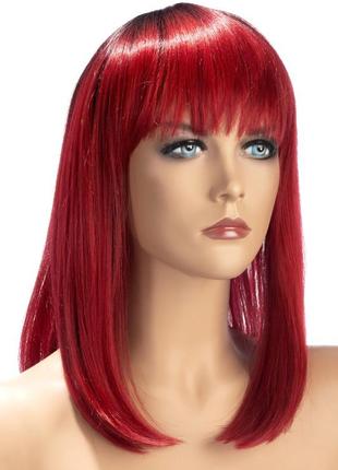 Французский парик средняя длина с чёлкой красный волос черное прямое+косплей