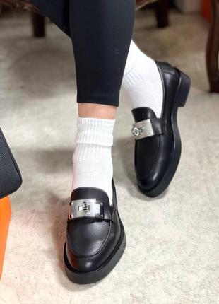 Туфли лоферы женские кожаные черные брендовые в стиле hermes люкс5 фото