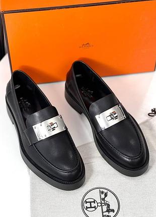 Туфли лоферы женские кожаные черные брендовые в стиле hermes люкс