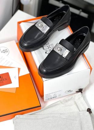 Туфли лоферы женские кожаные черные брендовые в стиле hermes люкс4 фото