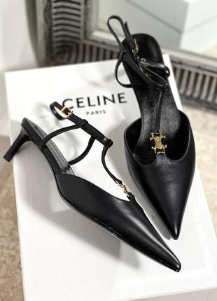 Туфли женские кожаные черные нарядные брендовые на низком каблуке открытой пяткой в стиле celine5 фото