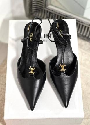 Туфли женские кожаные черные нарядные брендовые на низком каблуке открытой пяткой в стиле celine3 фото