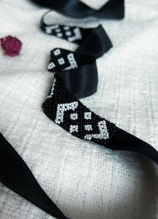 Ленточный гердан - чокер украинское украшение на шею из бисера черный2 фото