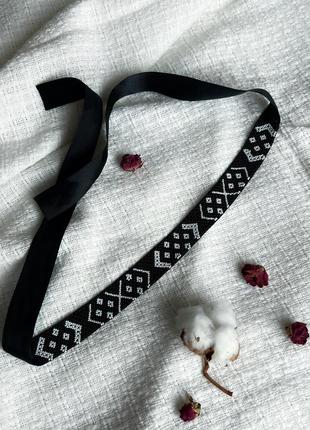 Ленточный гердан - чокер украинское украшение на шею из бисера черный3 фото