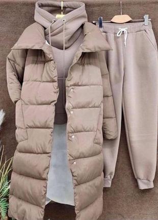Спортивный костюм 3-ка пуховик пальто куртка теплый на флисе капюшон брюки прямые джоггеры кофта длинная худи кенгуру оверсайз плащ зима зимний