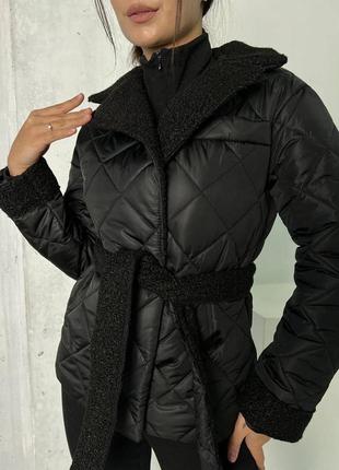 Теплая зима плащевка куртка обнятая под пояс подкладка пальто наполнитель стеганая оверсайз широкая прямая мех рукава манжеты зимний мех8 фото