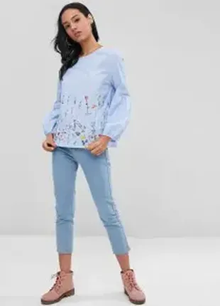 Голубая блуза футболка в полоску с вышивкой цветочной вышиванка рукава воланы батал большого размера2 фото