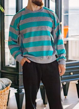 Чоловічий базовий легкий светр чоловічий оверсайз в смужку  зелений з сірим 20241 фото