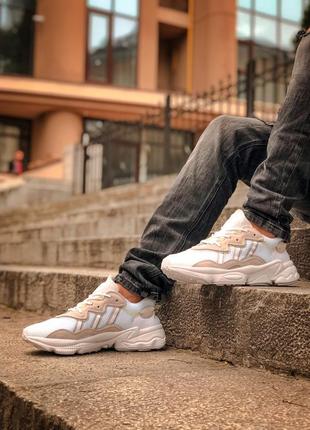 Шикарные мужские летние кроссовки adidas ozweego бежевые с белым7 фото