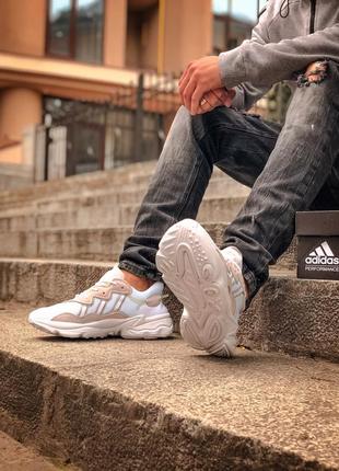 Шикарные мужские летние кроссовки adidas ozweego бежевые с белым8 фото