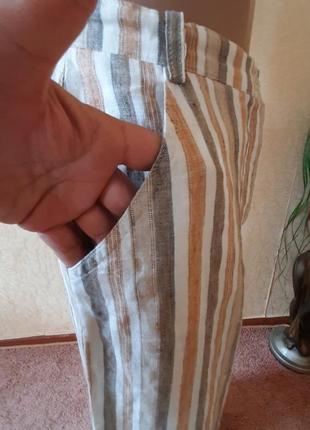 Льняные полосатые широкие штаны кюлоты паласо с карманами от мас6 фото