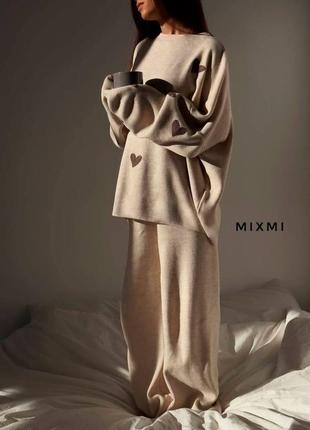Костюм жіночий теплий двостороння ангора lux , штани палаццо/кльош +светр з принтом серця4 фото