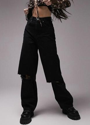 Черные потертые выстиранные винтажные джинсы клеш прямые широкие topshop baggy с рваными коленями