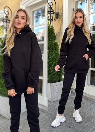 Костюм спортивний не кашлатиться теплий жіночий з family look з триниті піньє на флісі чорний