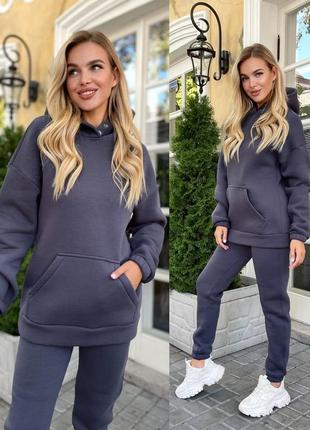 Костюм спортивний не кашлатиться теплий жіночий з family look з триниті піньє на флісі графіт сірий