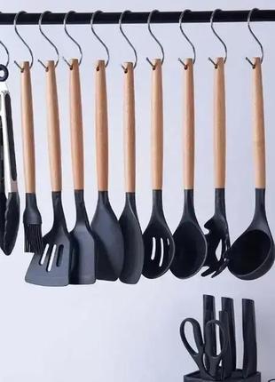 Набор кухонных принадлежностей и ножей kitchen кухонные аксессуары из силикона с бамбуковой ручкой черный9 фото