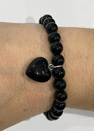 Браслет з кулоном із натурального каменю чорний агат гладкі намистини 6 мм - оригінальний подарунок дівчині, жінці в коробочці3 фото